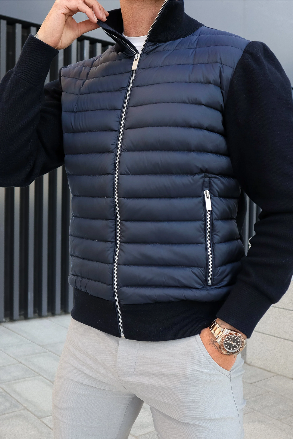 Men's Hybrid Puffer Zip Up Jacket with Quilted Front and Knit Sleeves - Image 1