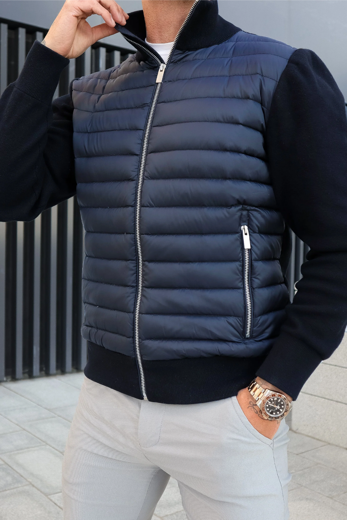 Men's Hybrid Puffer Zip Up Jacket with Quilted Front and Knit Sleeves - Image 1