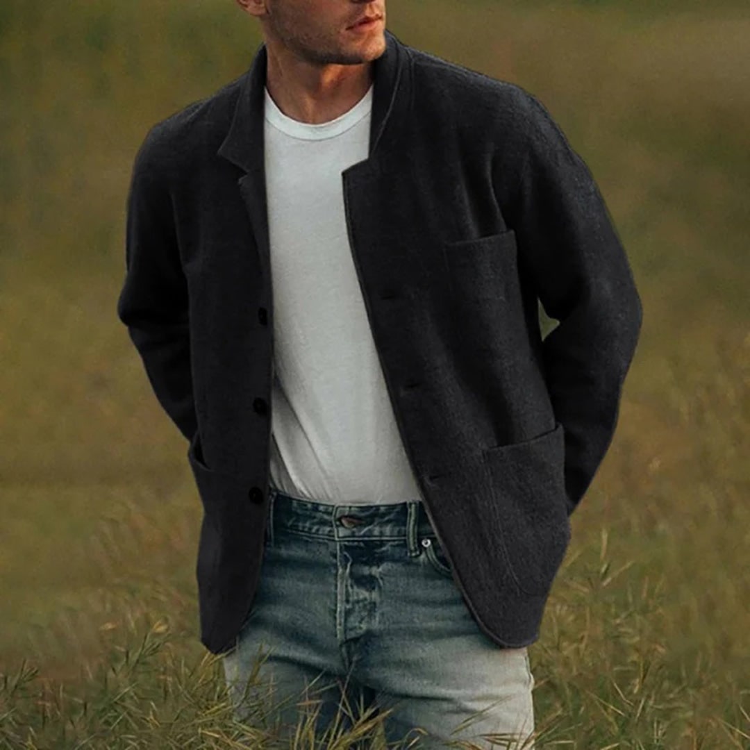 Men's Knit Blazer Cardigan with Notched Lapel and Patch Pockets - Image 3