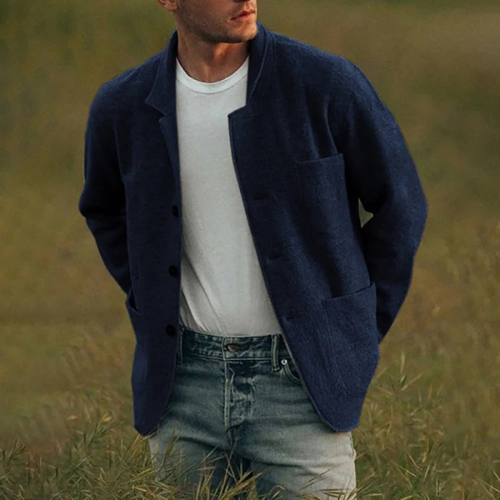 Men's Knit Blazer Cardigan with Notched Lapel and Patch Pockets - Image 4