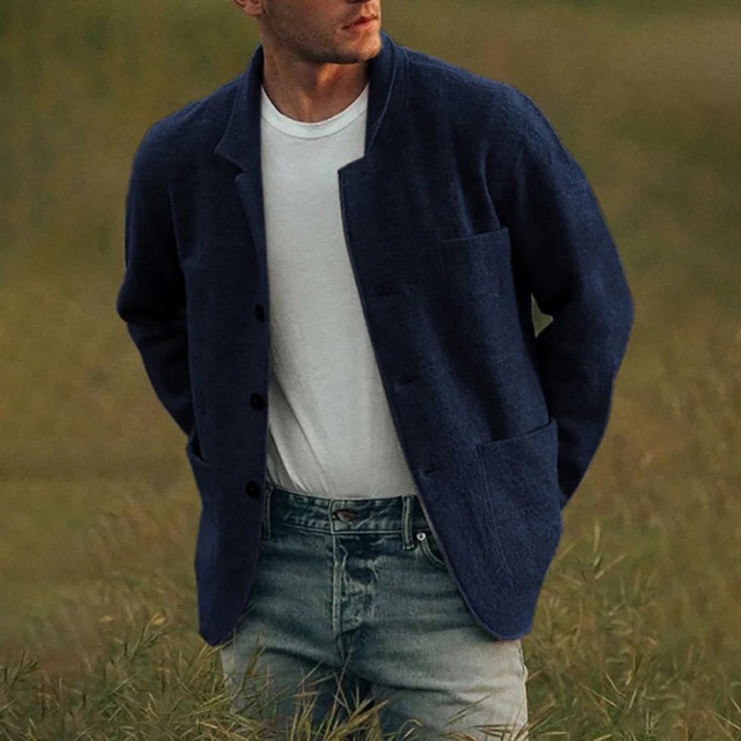 Men's Knit Blazer Cardigan with Notched Lapel and Patch Pockets - Image 4