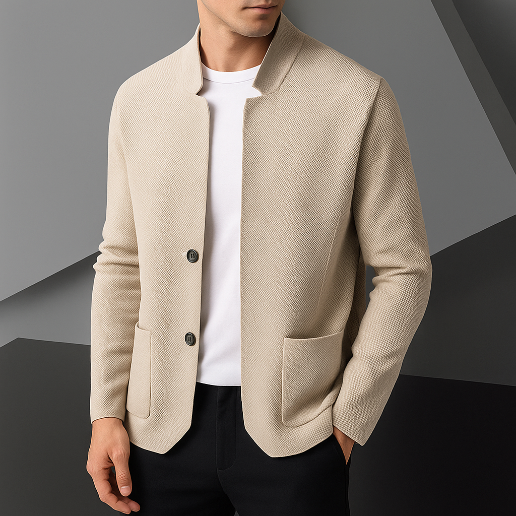 Men's Knit Cardigan Jacket with Stand Collar and Two Button Front - Image 1