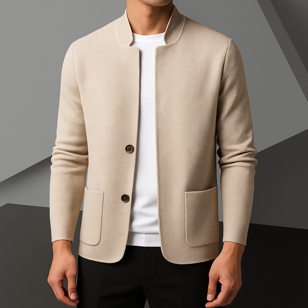 Men's Knit Cardigan Jacket with Stand Collar and Two Button Front - Image 10
