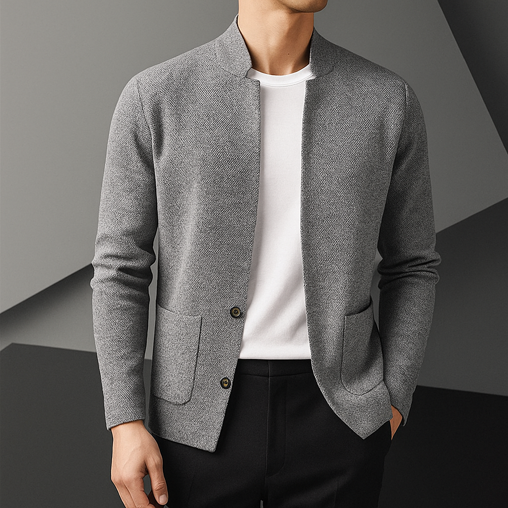 Men's Knit Cardigan Jacket with Stand Collar and Two Button Front - Image 2