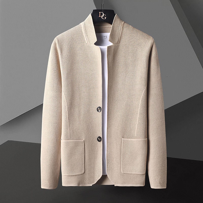 Men's Knit Cardigan Jacket with Stand Collar and Two Button Front - Image 4