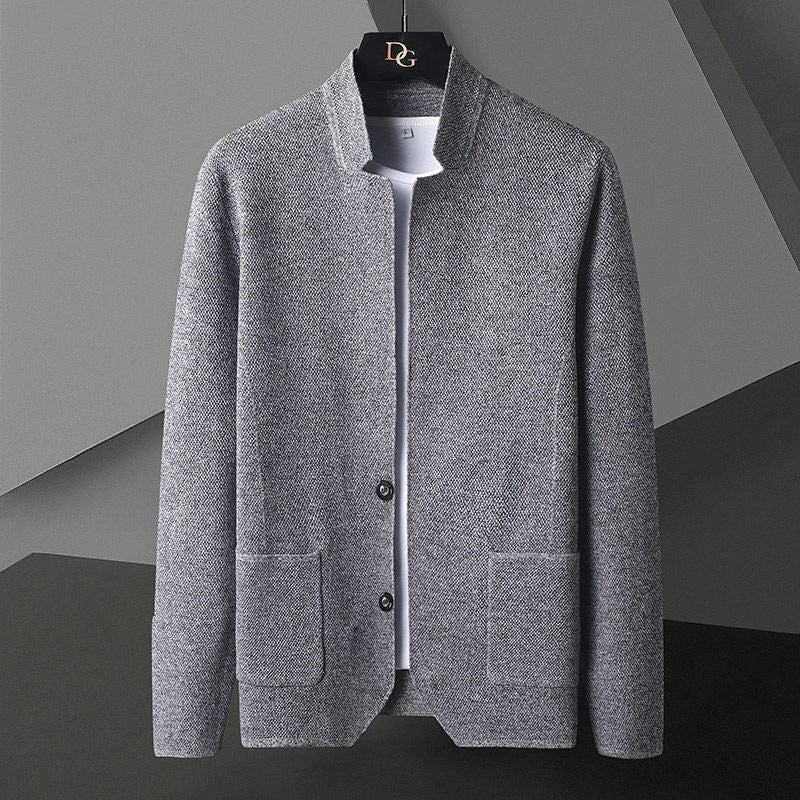 Men's Knit Cardigan Jacket with Stand Collar and Two Button Front - Image 6