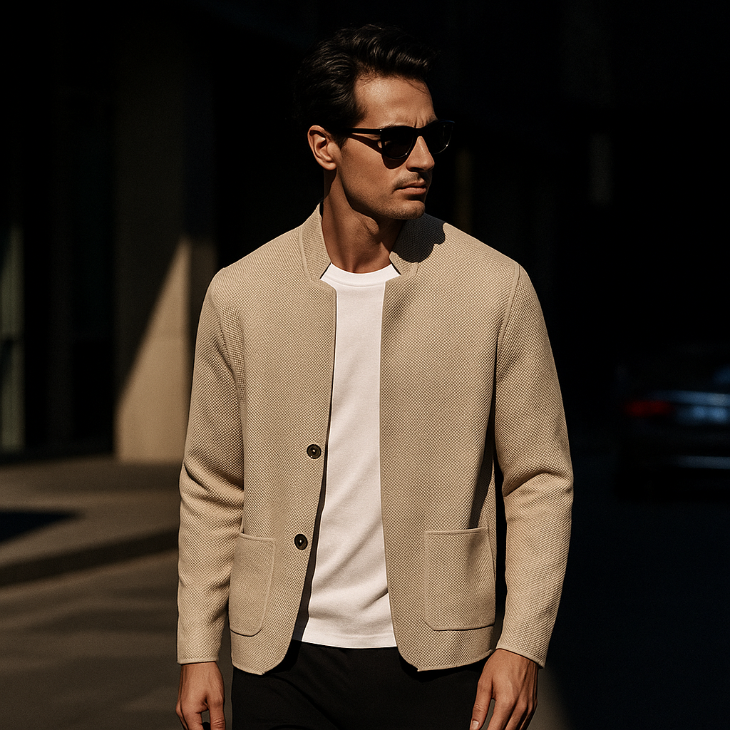 Men's Knit Cardigan Jacket with Stand Collar and Two Button Front - Image 9