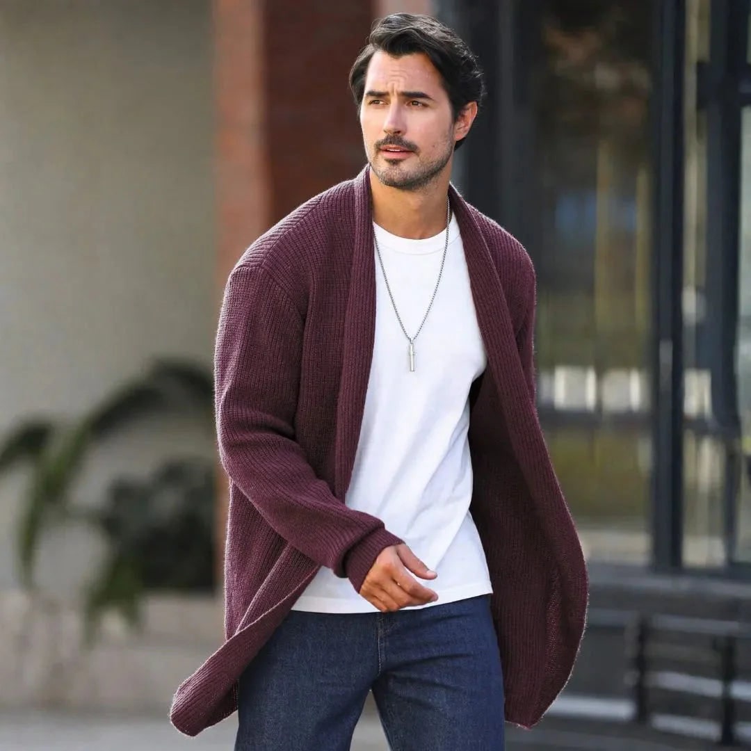 Men's Knit Cardigan with Shawl Collar Open Front Ribbed Sweater - Image 1