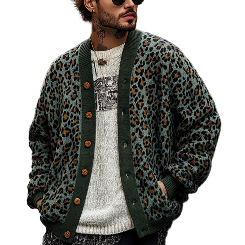 Men's Knit Leopard Print Cardigan Sweater with V-Neckline Button Front - Image 1