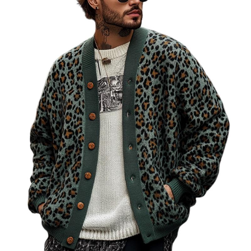 Men's Knit Leopard Print Cardigan Sweater with V-Neckline Button Front - Image 3