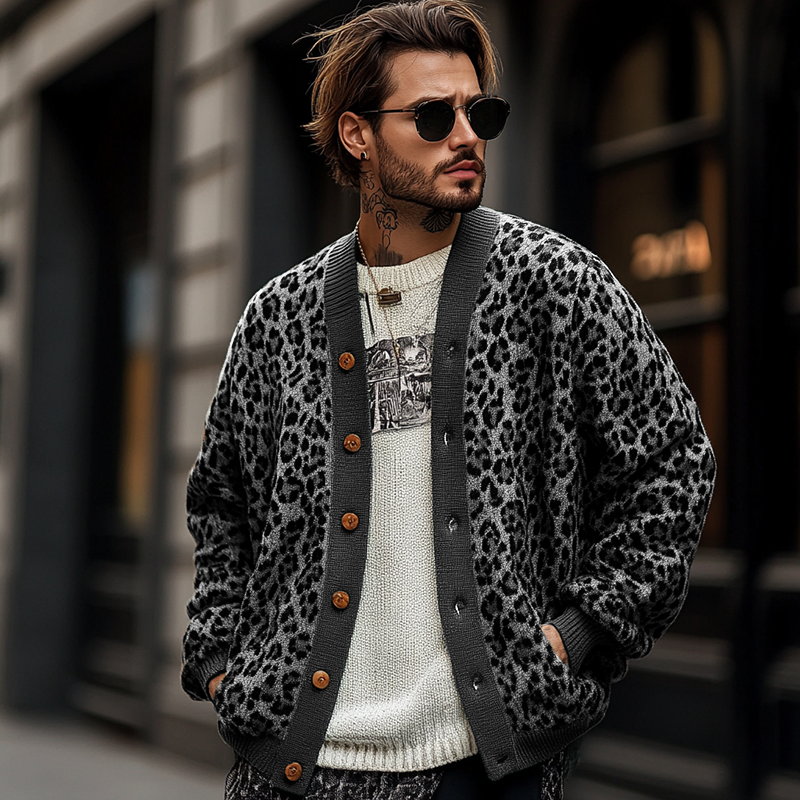Men's Knit Leopard Print Cardigan Sweater with V-Neckline Button Front - Image 4