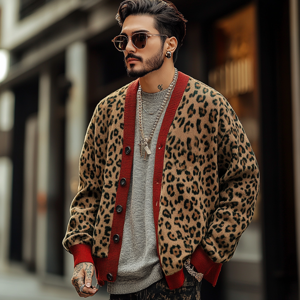 Men's Knit Leopard Print Cardigan Sweater with V-Neckline Button Front - Image 5