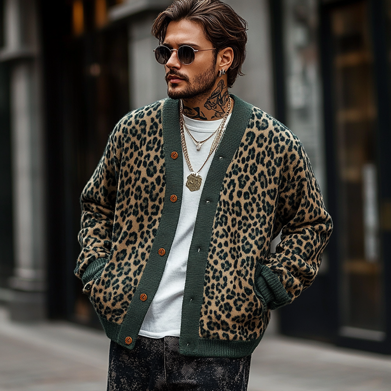 Men's Knit Leopard Print Cardigan Sweater with V-Neckline Button Front - Image 6