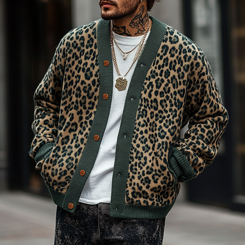 Men's Knit Leopard Print Cardigan Sweater with V-Neckline Button Front - Image 7