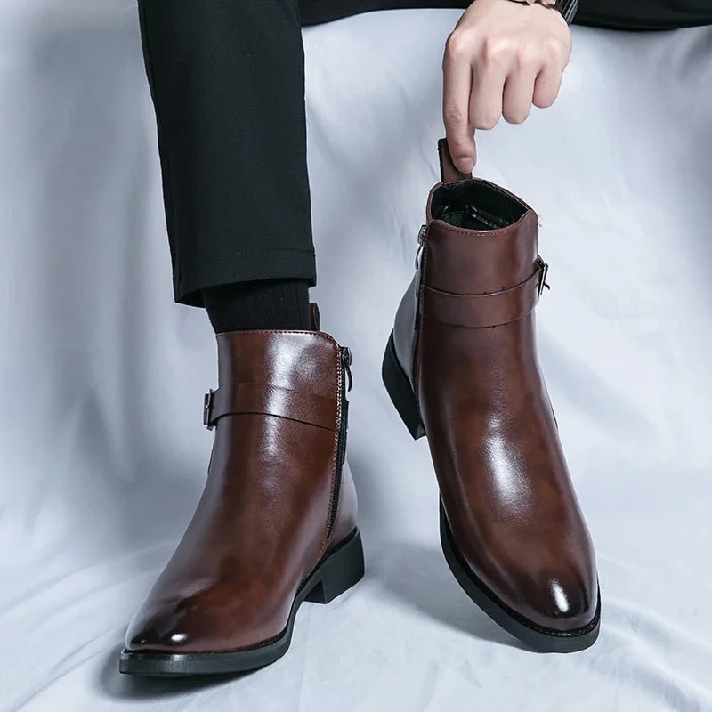 Men's Leather Ankle Boots with Zipper and Buckle Strap Almond Toe - Image 1