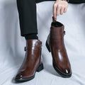 Men's Leather Ankle Boots with Zipper and Buckle Strap Almond Toe - Image 1