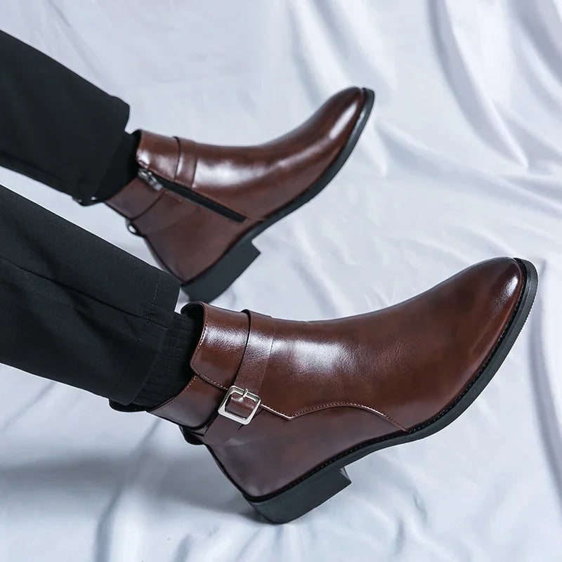 Men's Leather Ankle Boots with Zipper and Buckle Strap Almond Toe - Image 10