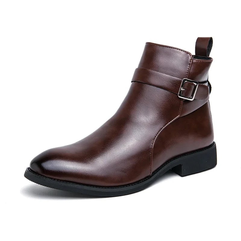 Men's Leather Ankle Boots with Zipper and Buckle Strap Almond Toe - Image 11
