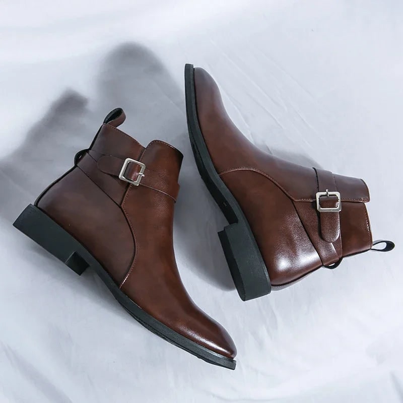 Men's Leather Ankle Boots with Zipper and Buckle Strap Almond Toe - Image 12
