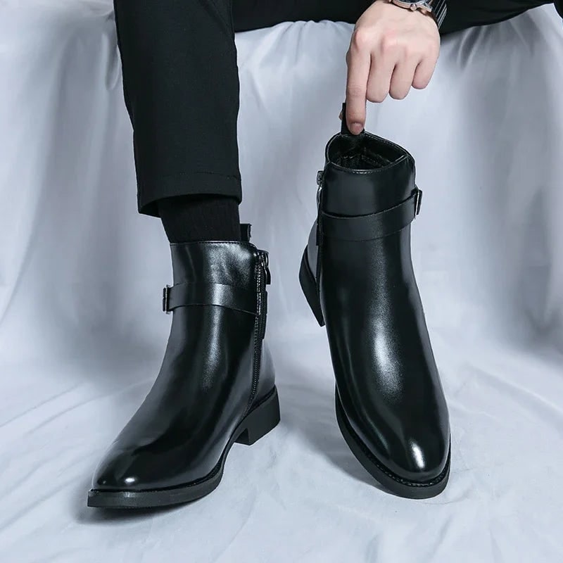 Men's Leather Ankle Boots with Zipper and Buckle Strap Almond Toe - Image 13