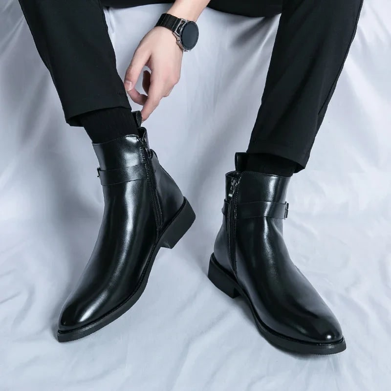 Men's Leather Ankle Boots with Zipper and Buckle Strap Almond Toe - Image 14