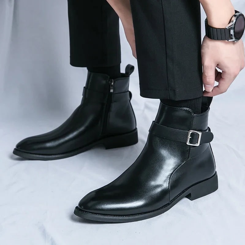 Men's Leather Ankle Boots with Zipper and Buckle Strap Almond Toe - Image 15