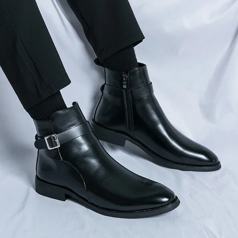 Men's Leather Ankle Boots with Zipper and Buckle Strap Almond Toe - Image 16