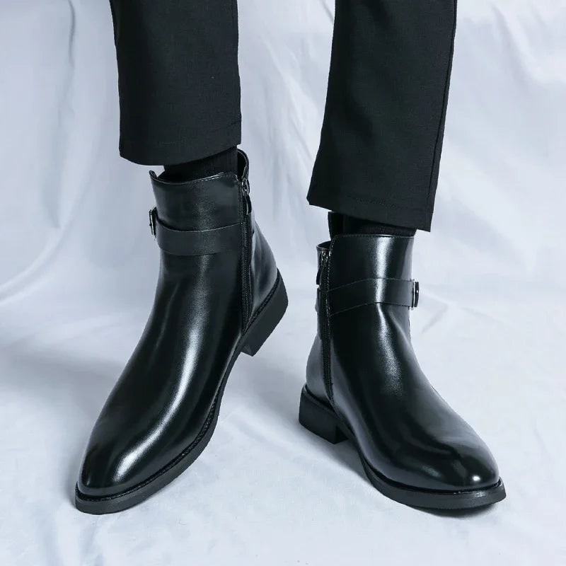 Men's Leather Ankle Boots with Zipper and Buckle Strap Almond Toe - Image 17