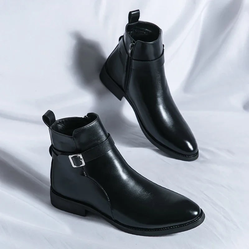 Men's Leather Ankle Boots with Zipper and Buckle Strap Almond Toe - Image 18