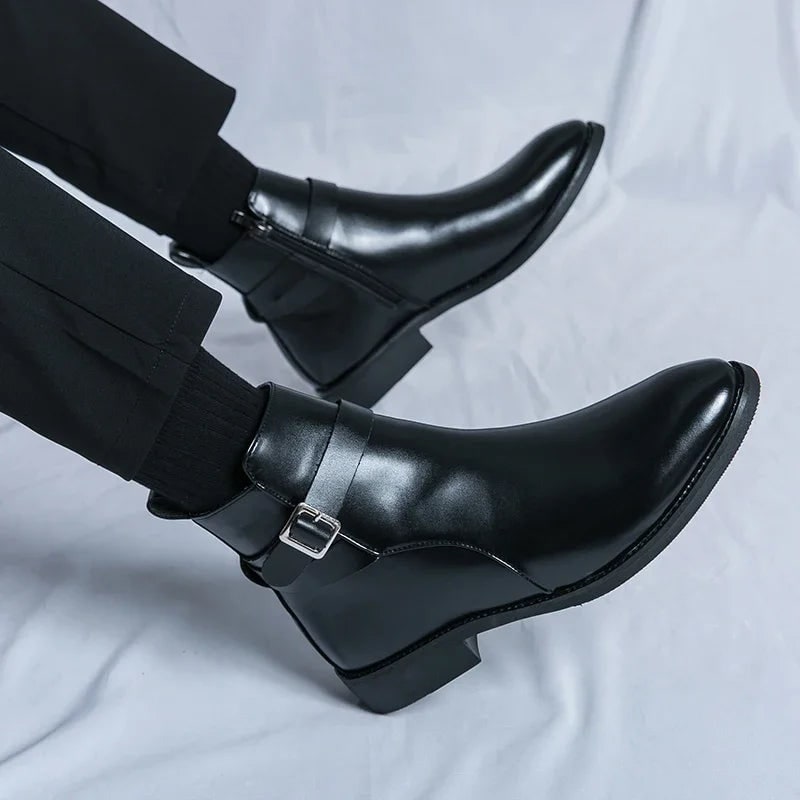 Men's Leather Ankle Boots with Zipper and Buckle Strap Almond Toe - Image 19