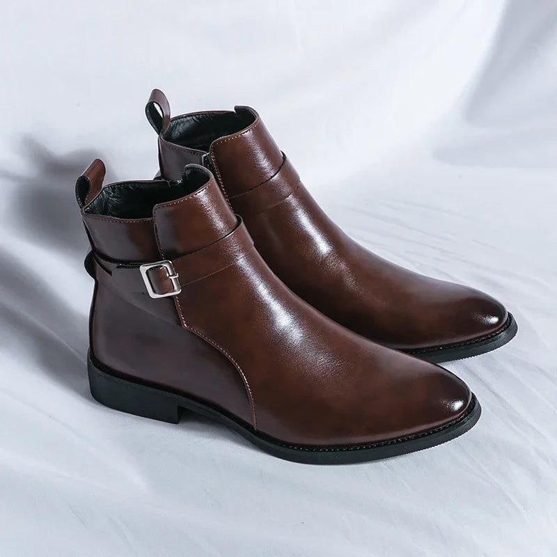 Men's Leather Ankle Boots with Zipper and Buckle Strap Almond Toe - Image 2