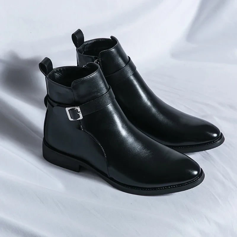 Men's Leather Ankle Boots with Zipper and Buckle Strap Almond Toe - Image 20