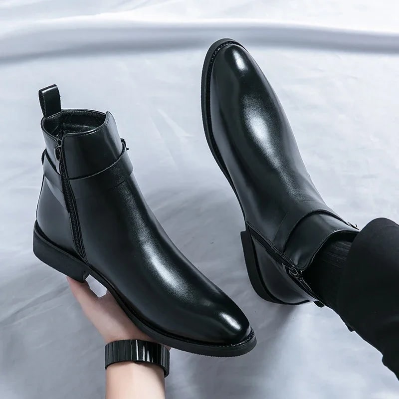 Men's Leather Ankle Boots with Zipper and Buckle Strap Almond Toe - Image 21