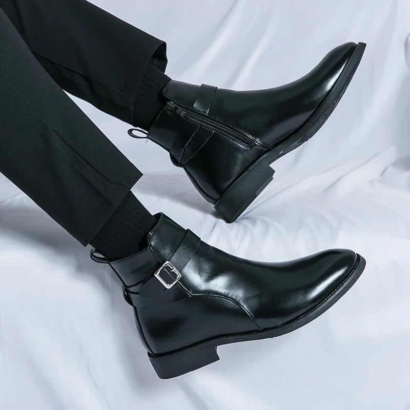 Men's Leather Ankle Boots with Zipper and Buckle Strap Almond Toe - Image 22