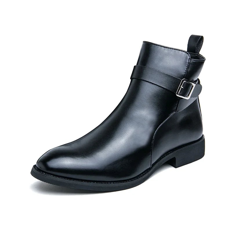 Men's Leather Ankle Boots with Zipper and Buckle Strap Almond Toe - Image 23