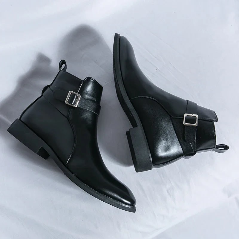 Men's Leather Ankle Boots with Zipper and Buckle Strap Almond Toe - Image 24