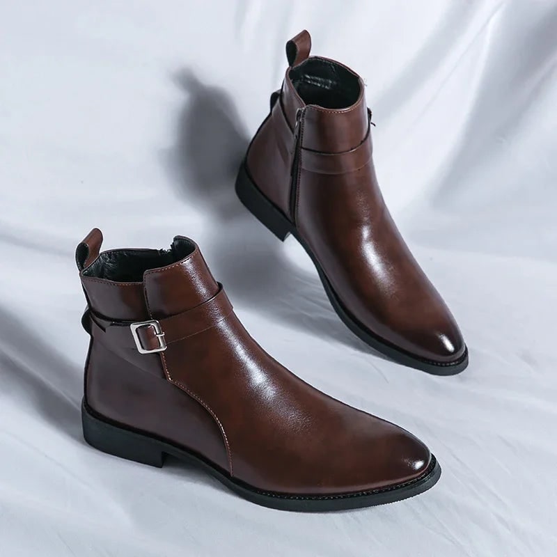 Men's Leather Ankle Boots with Zipper and Buckle Strap Almond Toe - Image 3