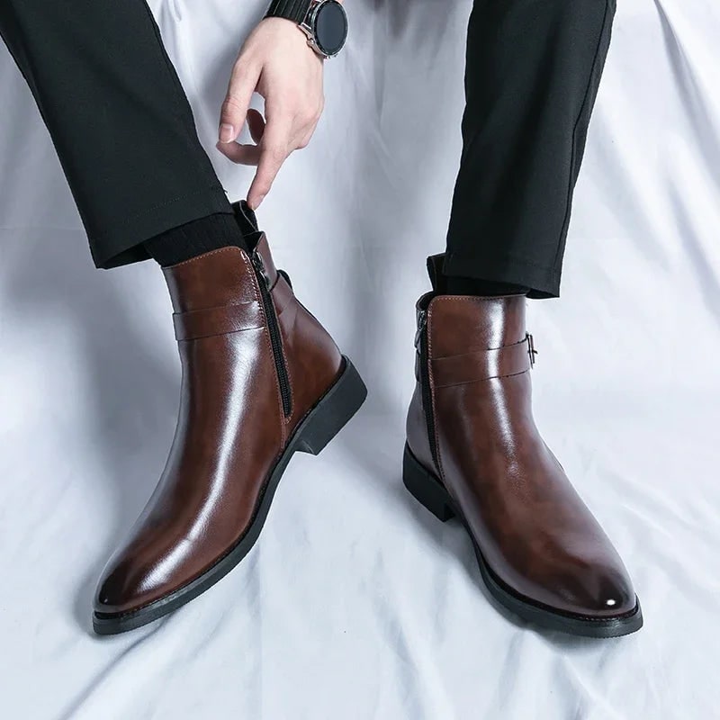 Men's Leather Ankle Boots with Zipper and Buckle Strap Almond Toe - Image 4