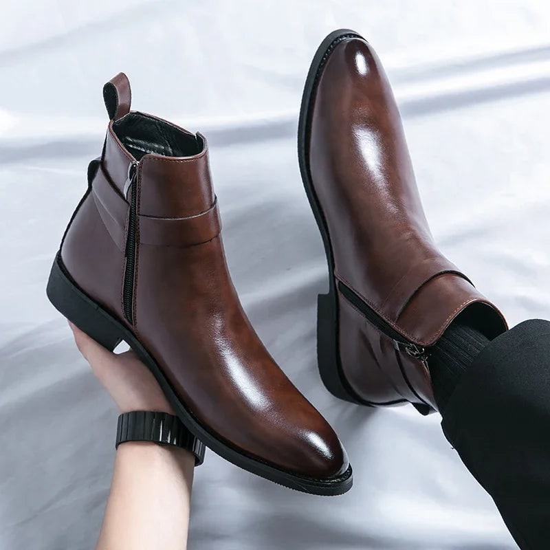 Men's Leather Ankle Boots with Zipper and Buckle Strap Almond Toe - Image 5