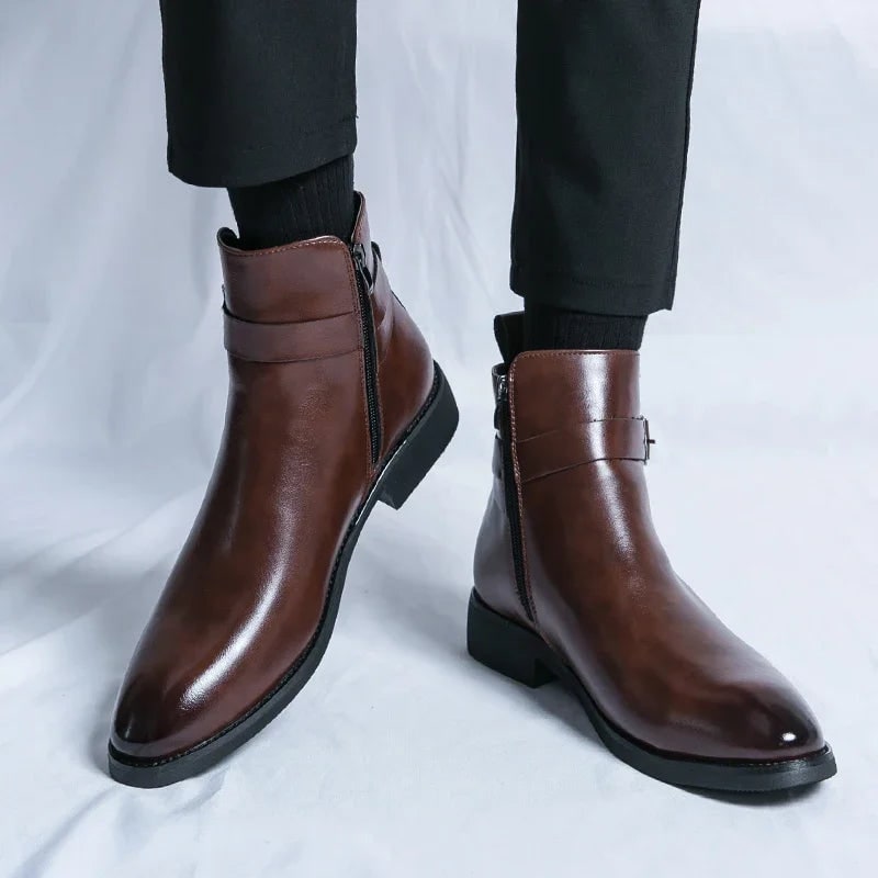 Men's Leather Ankle Boots with Zipper and Buckle Strap Almond Toe - Image 6
