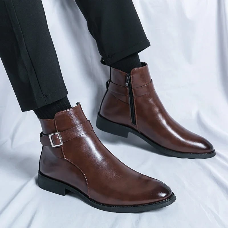 Men's Leather Ankle Boots with Zipper and Buckle Strap Almond Toe - Image 7