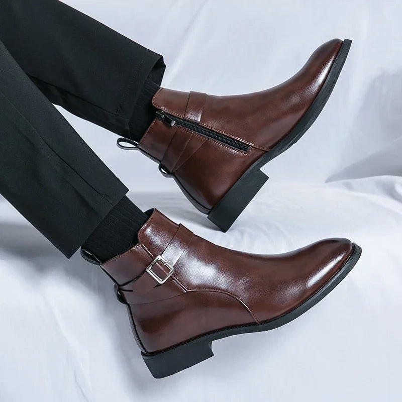 Men's Leather Ankle Boots with Zipper and Buckle Strap Almond Toe - Image 8
