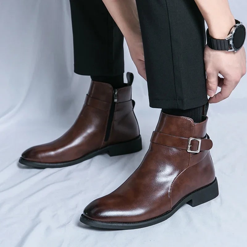 Men's Leather Ankle Boots with Zipper and Buckle Strap Almond Toe - Image 9