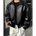 Men's Leather Bomber Jacket with Pointed Collar and Zip Closure - Image 1
