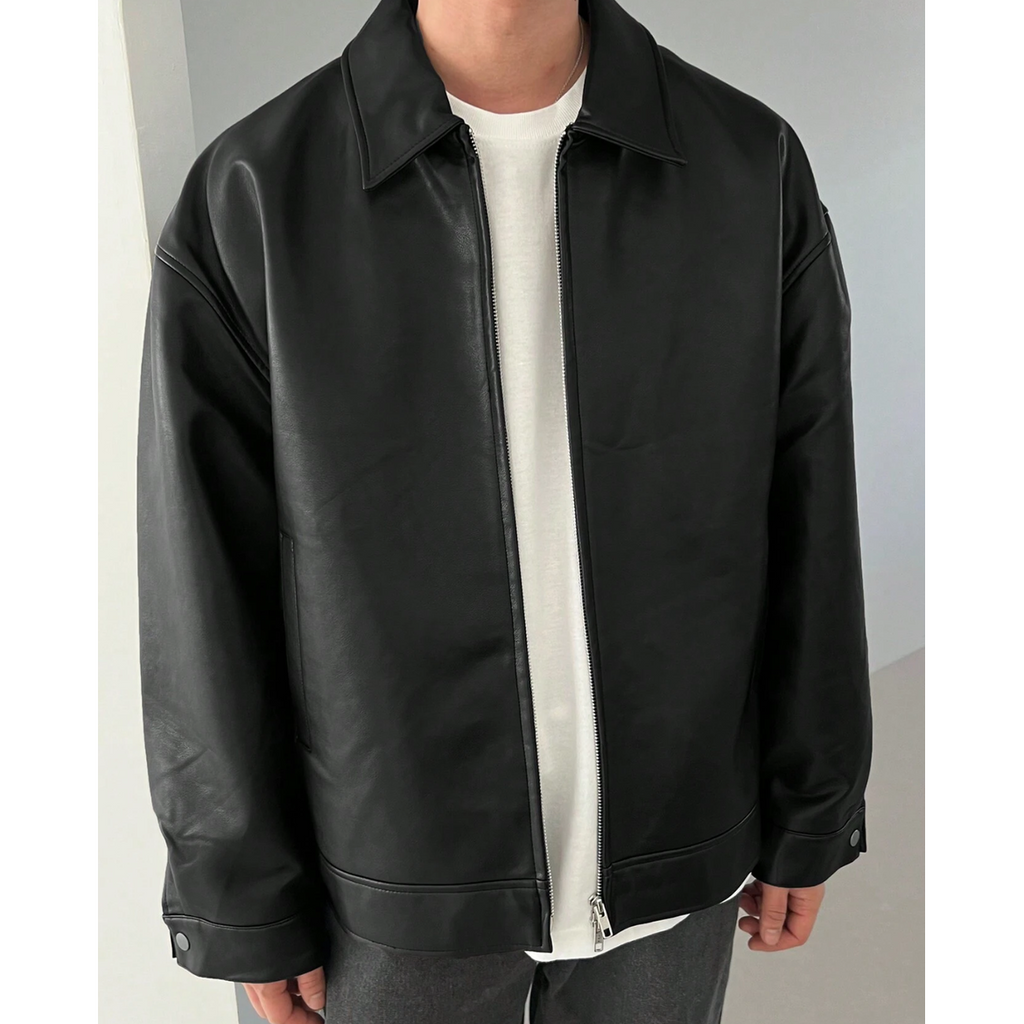 Men's Leather Jacket with Pointed Collar and Full-Length Zipper - Image 2