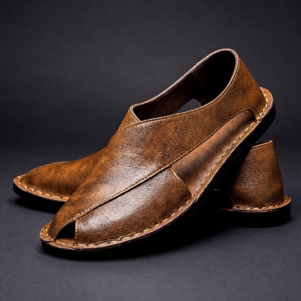 Men's Leather Slip on Sandals with Peshawari Side Cutouts and Textured Grain - Image 1