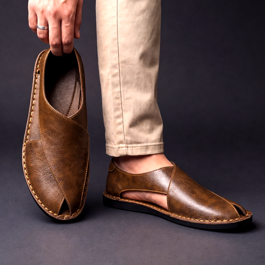 Men's Leather Slip on Sandals with Peshawari Side Cutouts and Textured Grain - Image 2