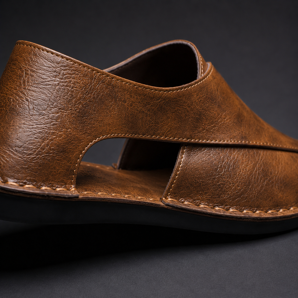 Men's Leather Slip on Sandals with Peshawari Side Cutouts and Textured Grain - Image 3