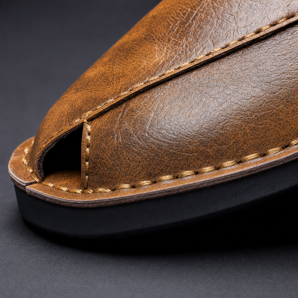 Men's Leather Slip on Sandals with Peshawari Side Cutouts and Textured Grain - Image 4