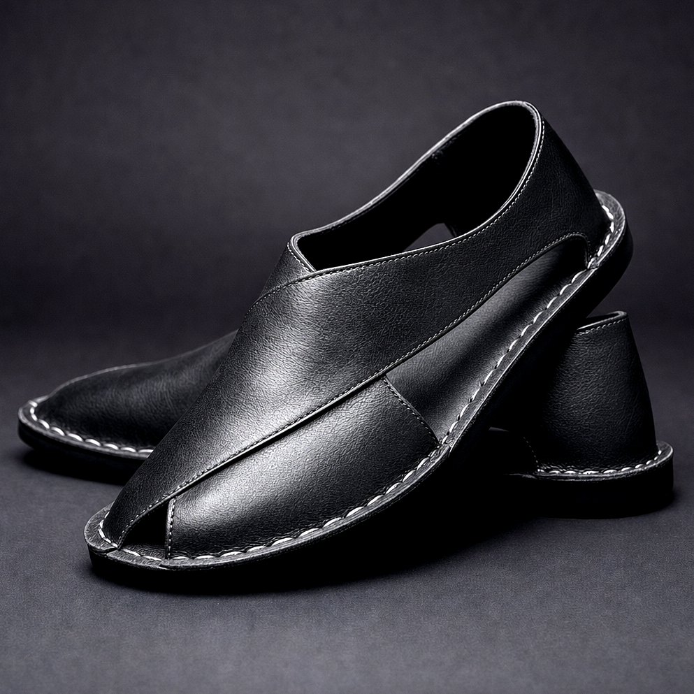 Men's Leather Slip on Sandals with Peshawari Side Cutouts and Textured Grain - Image 5